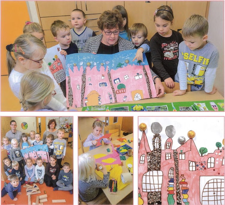 Die Kinder der Kita „Kunterbunt“ zeigen der Ministerin Petra Grimm-Benne ihre Bilder.