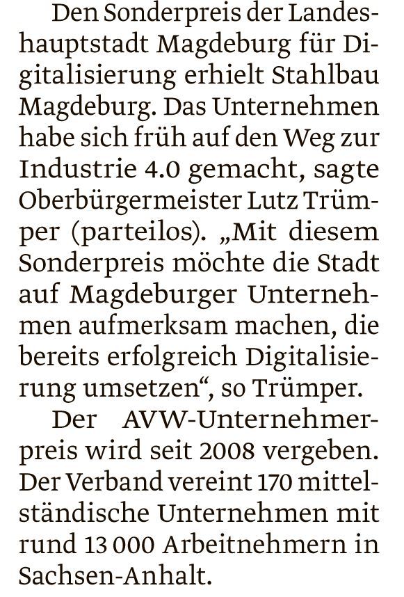 AVW-Unternehmerpreis Beitrag Volksstimme 2