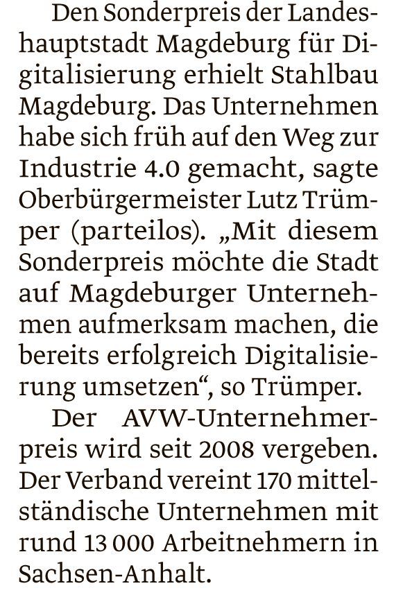 AVW-Unternehmerpreis Beitrag Volksstimme 2