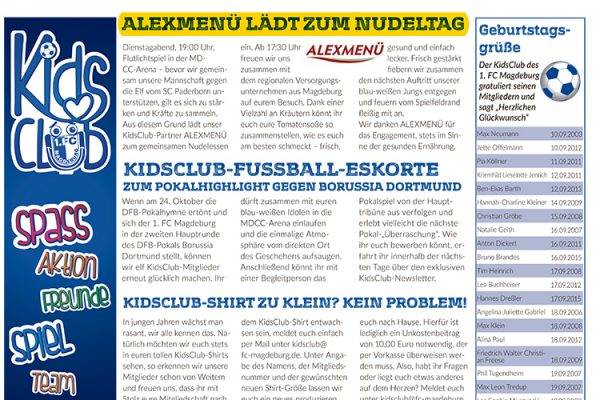 Beitrag im offiziellem Stadionheft des 1. FCM: ALEXMENÜ lädt zum Nudelessen