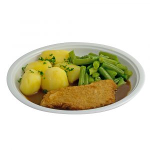 1016 Schweineschnitzel mit Rahmsauce, grünen Bohnen und Kartoffeln