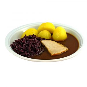 1123 Schweinebraten mit Bratensauce, Rotkohl und Kartoffeln