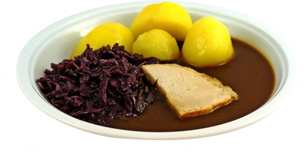 1123 Schweinebraten mit Bratensauce, Rotkohl und Kartoffeln