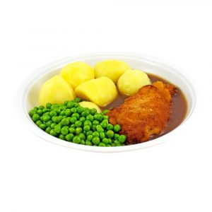 1608 Paniertes Hähnchenschnitzel mit Geflügelsauce, Zuckererbsen und Kartoffeln