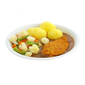 1628 Paniertes Hähnchenschnitzel mit Geflügelsauce, Sommergemüse und Kartoffeln