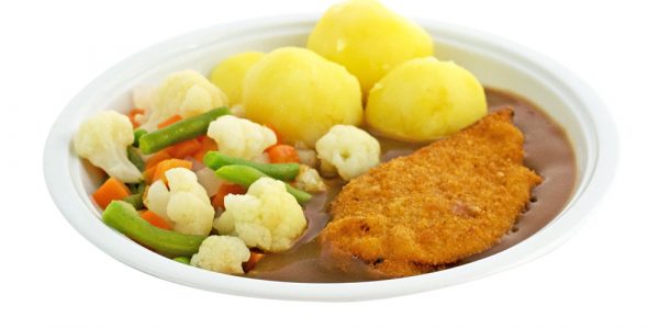 1628 Paniertes Hähnchenschnitzel mit Geflügelsauce, Sommergemüse und Kartoffeln