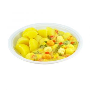 2130 Herbstliche Gemüsepfanne mit Erbsen, Möhren, Mais, Kürbis und Eierstichbällchen