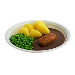 2715 Bratwurst mit Bratensauce, Buttererbsen und Kartoffeln