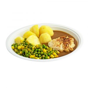 3000 Gebratene Hähnenbrust mit Geflügelsauce, Erbsen-Maisgemüse und Kartoffeln