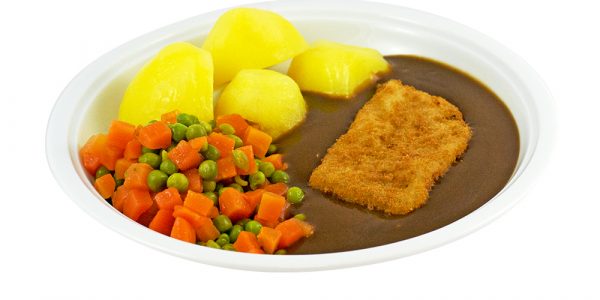 3064 Schweineschnitzel mit Bratensauce, Mischgemüse und Kartoffeln