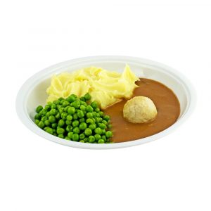 3065 Geflügelbällchen mit Geflügelsauce, Zuckererbsen und Kartoffelpüree
