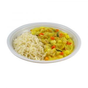 3069 Fruchtiges Fischcurry Seelachswürfel mit Lauch, Apfel und Kokosmilch, dazu Reis