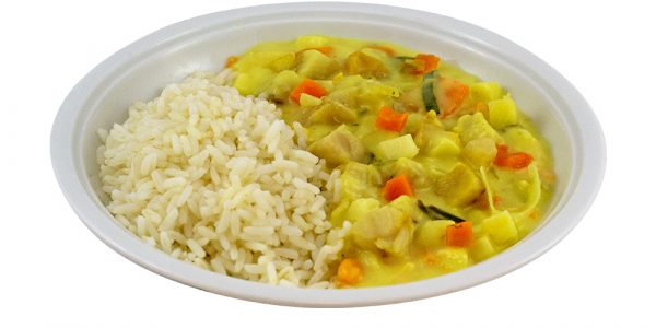 3069 Fruchtiges Fischcurry Seelachswürfel mit Lauch, Apfel und Kokosmilch, dazu Reis