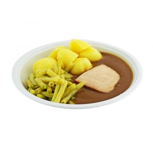 3108 Putenbrust, mild geräuchert, mit Geflügelsauce, Wachsbohnen und Kartoffeln