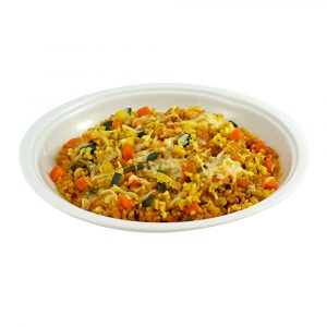 3219 Bulgurpfanne mit Gemüse, Tomatenwürfeln und Käse überbacken