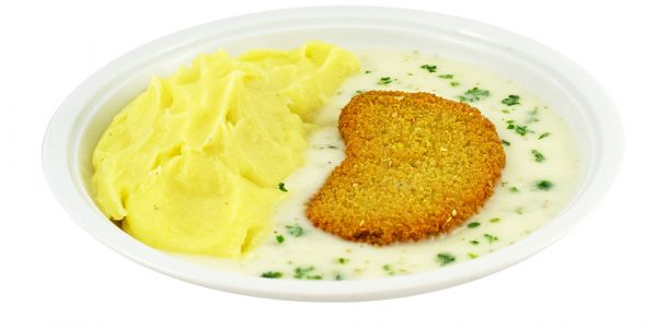 3288 Möhren-Sesambratling mit Kräutersauce und Kartoffelpüree