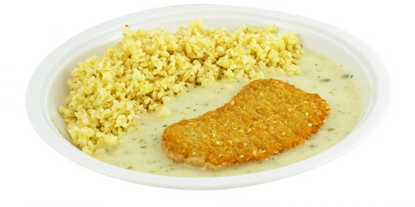 3352 Möhren-Sesambratling mit Kräutersauce und Bulgur