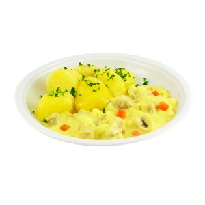 3354 Fruchtiges Fischcurry, Seelachswürfel mit Lauch, Apfel und Kokosmilch, dazu Kartoffeln