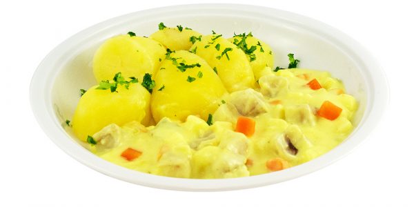 3354 Fruchtiges Fischcurry, Seelachswürfel mit Lauch, Apfel und Kokosmilch, dazu Kartoffeln