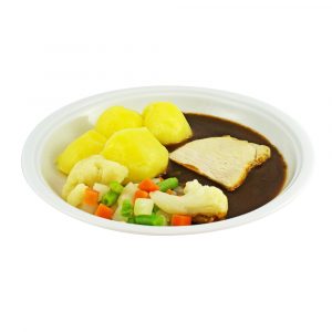 3355 Schweinebraten mit Bratensauce, Sommergemüse und Kartoffeln