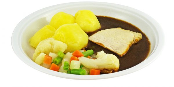 3355 Schweinebraten mit Bratensauce, Sommergemüse und Kartoffeln