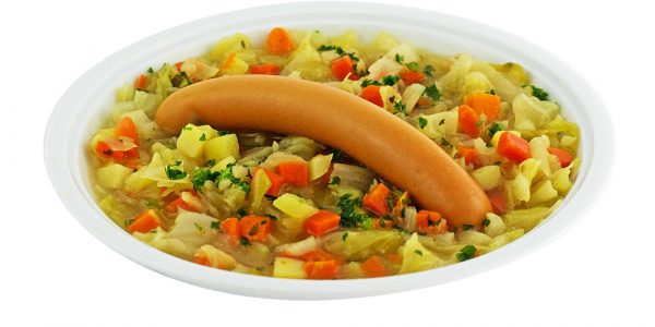 3356 Spitzkohleintopf mit Möhren- und Kartoffeleinlage, dazu Geflügel-Wiener Würstchen