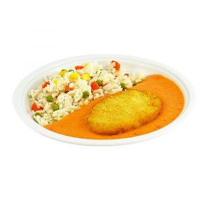 3357 Blumenkohl-Käsebratling mit Möhrencremesauce und Gemüsereis