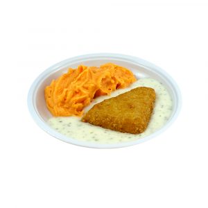 3468 Fischfilet im Backteig mit Dillsauce und Möhren-Kartoffelpüree