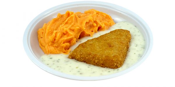 3468 Fischfilet im Backteig mit Dillsauce und Möhren-Kartoffelpüree