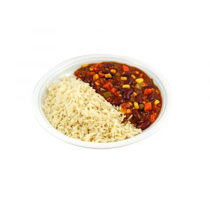 4116 Chili sin Carne, vegetarisches Chili mit Kidneybohnen, Zwiebeln und Gemüse, dazu Reis