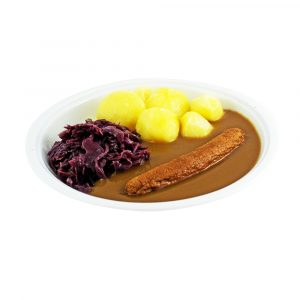 4895 Geflügelbratwurst mit Geflügelsauce, Rotkohl und Kartoffeln