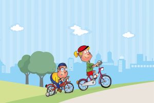 Hopsi und Klopsi fahren in ihrer Freizeit gerne mit dem Rad durch die Natur.