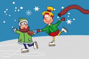 Hopsi und Klopsi genießen das Winterwetter und laufen Schlittschuh