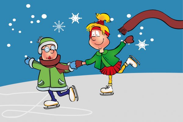 Hopsi und Klopsi genießen das Winterwetter und laufen Schlittschuh
