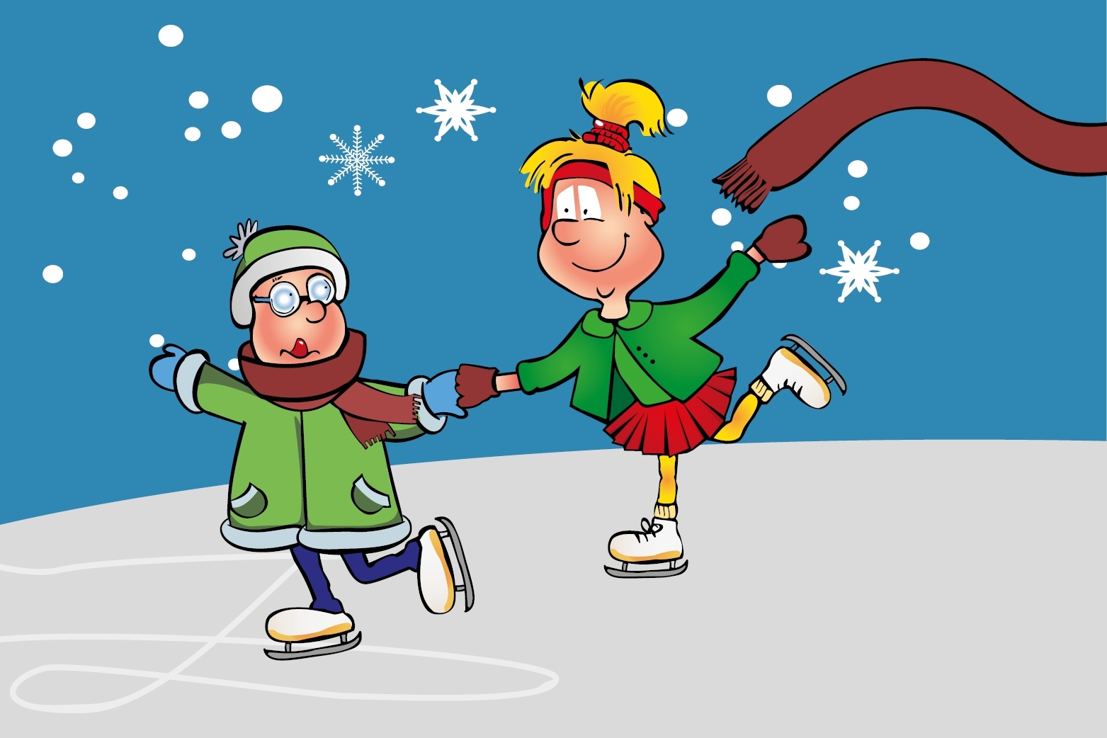 Hopsi und Klopsi genießen das Winterwetter und laufen Schlittschuh