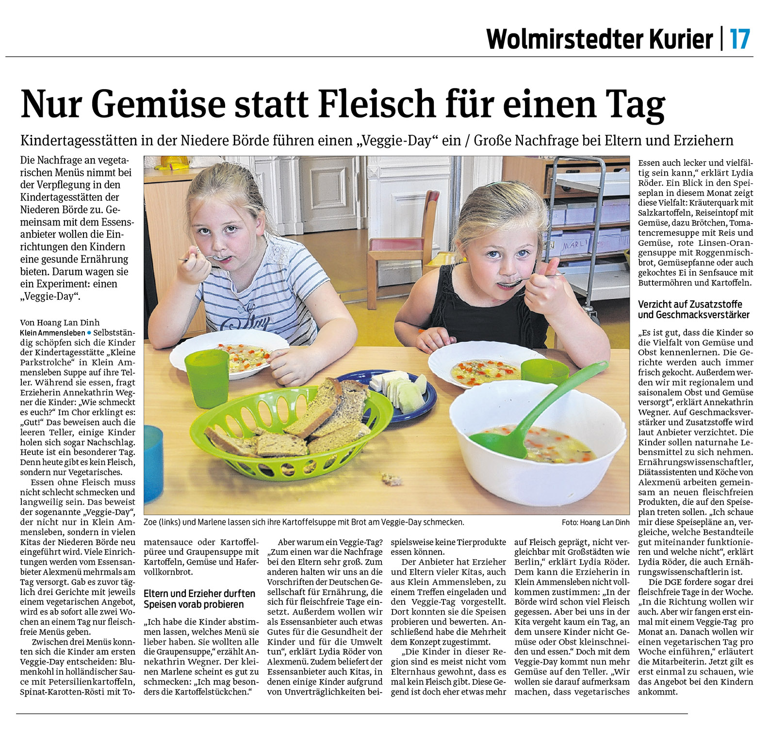 2019-07-05 Artikel Volksstimme Wolmirstedt Nur Gemüse statt Fleisch für einen Tag