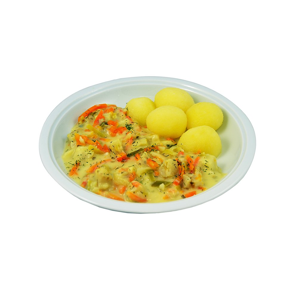 4817 Seelachswürfel in Senfsauce mit Gemüseeinlage und Salzkartoffeln ...