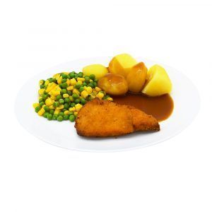 Hähnchenschnitzel mit Geflügelsauce, Erbsen-Maisgemüse und Salzkartoffeln