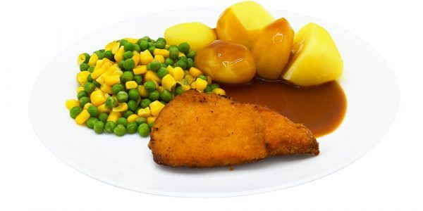 Hähnchenschnitzel mit Geflügelsauce, Erbsen-Maisgemüse und Salzkartoffeln