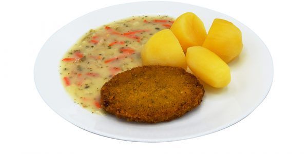 Blumenkohl-Käsebratling und Kräutersauce mit Gemüsestreifen dazu Salzkartoffeln