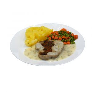 Spinat-Karotten-Bratling mit Kräutersahnesauce, Mischgemüse und Salzkartoffeln