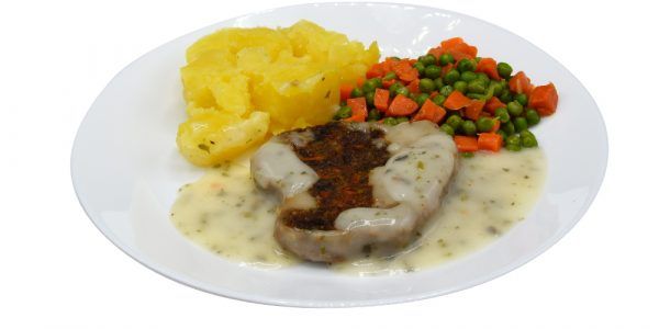 Spinat-Karotten-Bratling mit Kräutersahnesauce, Mischgemüse und Salzkartoffeln