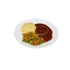 Panierte Jagdwurstscheibe mit Rahmsauce, Erbsen-Möhren-Maisgemüse und Kartoffelpüree